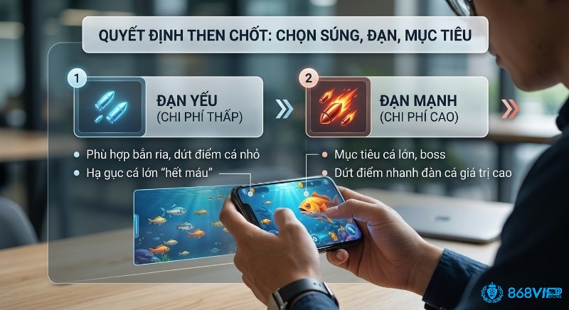 Quyết định then chốt chọn loại đạn phù hợp: đạn yếu cho cá nhỏ, đạn mạnh cho boss để tối ưu chi phí trong cách chơi bắn cá cơ bản