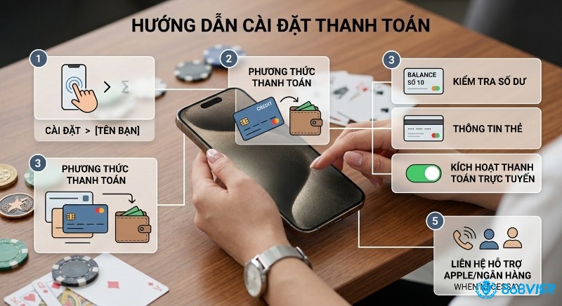 Hướng dẫn cài đặt phương thức thanh toán, và checklist xử lý lỗi thường gặp: kiểm tra số dư, thông tin thẻ, kích hoạt trực tuyến