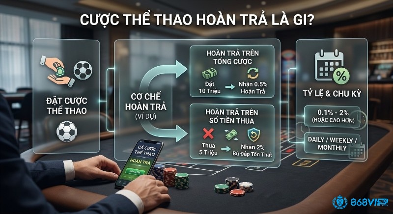 Sơ đồ giải thích cơ chế cược thể thao hoàn trả, nêu rõ 2 loại hoàn trả: trên tổng cược và trên số tiền thua cùng tỷ lệ và chu kỳ
