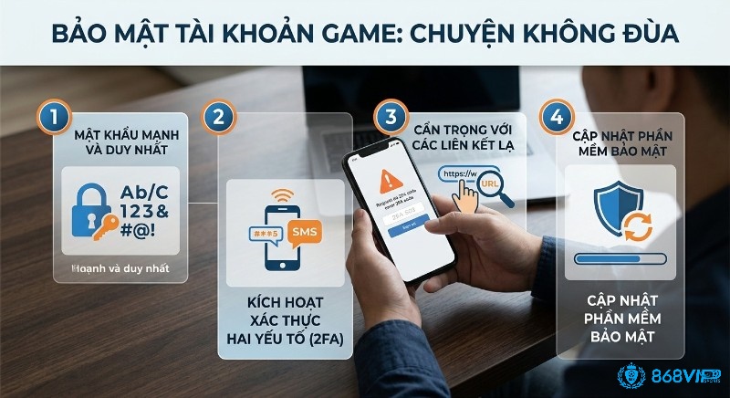 Checklist 4 bước bảo mật tài khoản game giúp người chơi phòng tránh lừa đảo, gồm mật khẩu mạnh, 2FA, kiểm tra liên kết và cập nhật phần mềm