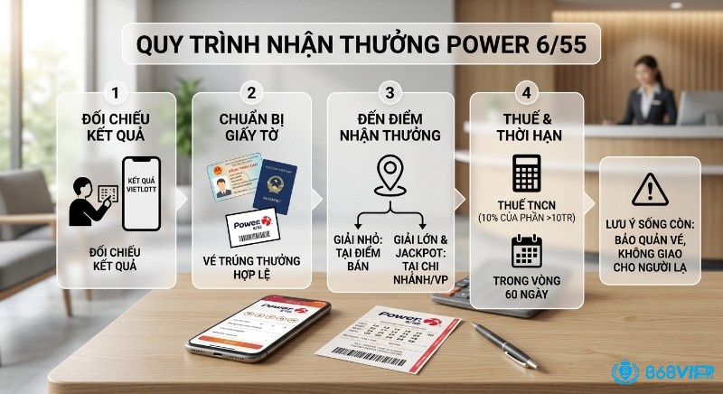 Quy trình 4 bước nhận thưởng Power 6/55 là gì chi tiết, từ đối chiếu kết quả, chuẩn bị giấy tờ, đến địa điểm và quy định thuế, thời hạn 60 ngày