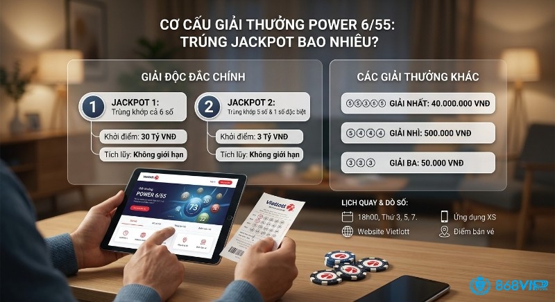 Bảng tổng hợp cơ cấu giải thưởng Power 6/55 là gì với Jackpot 1 khởi điểm 30 tỷ VNĐ và Jackpot 2 khởi điểm 3 tỷ VNĐ, tích lũy không giới hạn