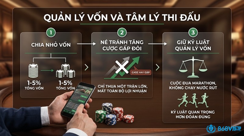 Quản lý vốn và tâm lý thi đấu, chia nhỏ vốn 1-5% tổng vốn, tránh tăng cược gấp đôi, giữ kỷ luật là cuộc đua marathon
