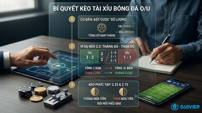 Cá độ đá banh tài xỉu là gì, hướng dẫn đặt cược tổng số bàn thắng, ví dụ kèo 2.5 thắng đủ thua đủ, kèo 2.25/2.75 thắng thua nửa tiền