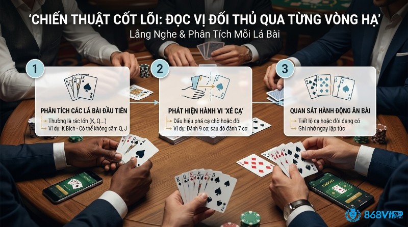 Chiến thuật đọc vị đối thủ qua từng vòng hạ: phân tích lá bài đầu, phát hiện xé cạ, quan sát ăn bài với người chơi và chip poker
