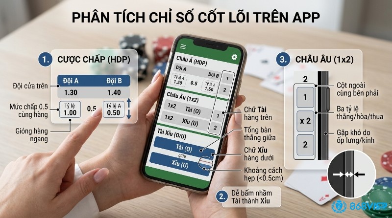 Phân tích 3 thông số cốt lõi trên app: cấu trúc kèo Châu Á, Tài Xỉu, Châu Âu trên điện thoại, chỉ rõ vị trí đội cửa trên, mức chấp, chữ Tài/Xỉu, tỷ lệ thắng/hòa/thua và rủi ro bấm nhầm