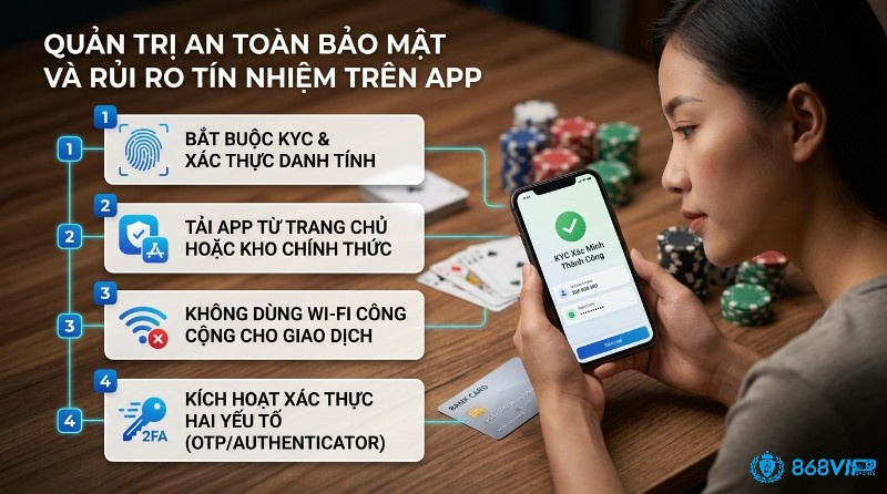 Quản trị an toàn bảo mật app: người dùng xác minh KYC thành công, tải app chính thức, không dùng Wi-Fi công cộng, kích hoạt 2FA trong cách đọc kèo trên điện thoại