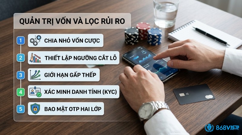 Quản trị vốn và lọc rủi ro: 5 nguyên tắc chia vốn, cắt lỗ, giới hạn gấp thếp, KYC, bảo mật OTP, hiển thị trên điện thoại cùng chip poker