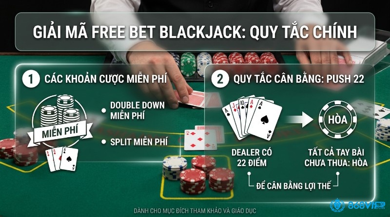 Giải mã Free bet blackjack là gì, với cược miễn phí Double Down, Split và quy tắc cân bằng Push 22 khi nhà cái 22 điểm thì hòa