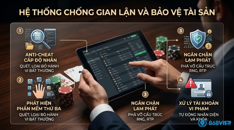 Hệ thống chống gian lận bảo vệ tài sản, quét phần mềm thứ ba, ngăn chặn lạm phát phá vỡ RNG/RTP, xử lý tài khoản vi phạm tự động khóa