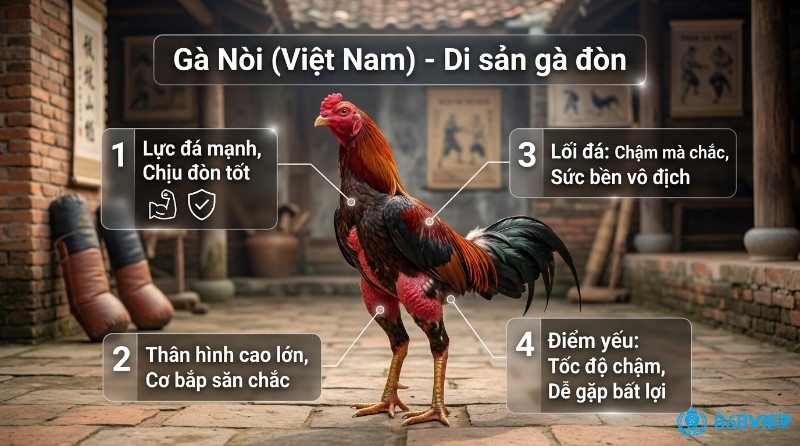 Gà Nòi Việt Nam, niềm tự hào với thân hình cao lớn, cơ bắp săn chắc, lực đá mạnh, sức bền vô địch nhưng tốc độ chậm