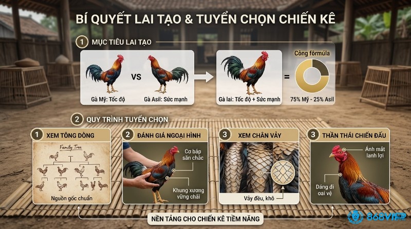Lai tạo chiến kê từ gà Mỹ tốc độ và Asil sức mạnh (75%-25%). Tuyển chọn tông dòng, ngoại hình, vảy đều, khô, thần thái oai vệ