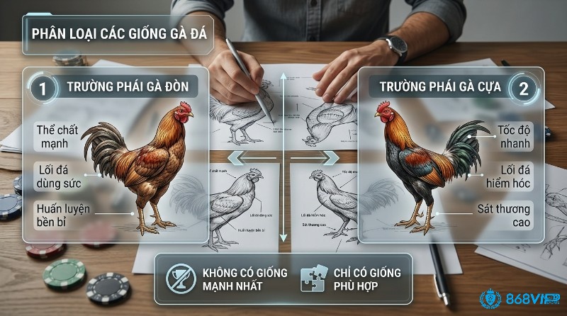 Phân loại giống gà đá thường gặp: gà đòn thể chất mạnh, lối đá dùng sức; gà cựa tốc độ nhanh, lối đá hiểm hóc, nhấn mạnh chọn giống phù hợp