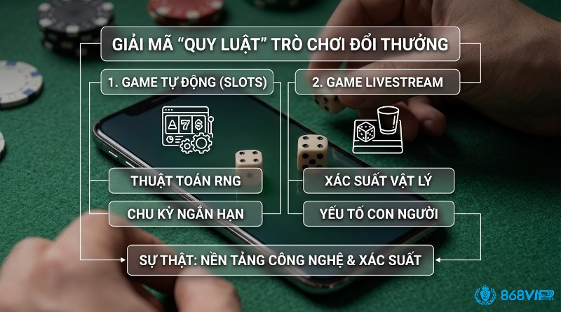 Quy luật game tài xỉu, game đổi thưởng: game tự động (RNG, chu kỳ) và livestream (xác suất, người), nền tảng công nghệ, xác suất