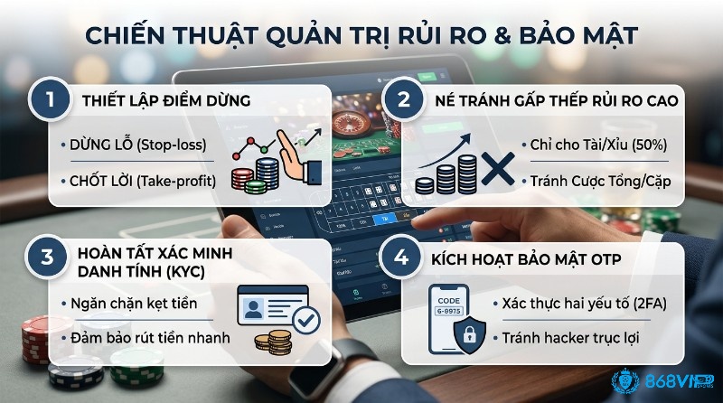 Chiến thuật quản trị rủi ro và bảo mật tài khoản với 4 bước: thiết lập điểm dừng, tránh gấp thếp, KYC, kích hoạt OTP 2FA