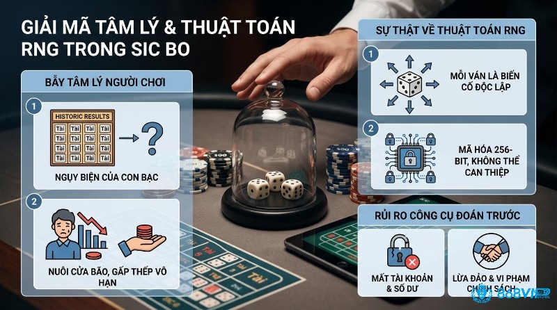 Sic Bo dùng RNG độc lập (256-bit), mỗi ván ngẫu nhiên hoàn toàn; soi cầu và gấp thếp dễ dẫn đến ngụy biện con bạc và rủi ro thua lỗ