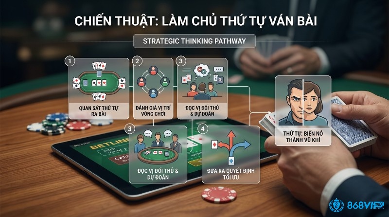 Chiến thuật làm chủ thứ tự ván bài: quan sát bài, đánh giá vị trí, đọc vị đối thủ, dự đoán nước đi và đưa ra quyết định tối ưu