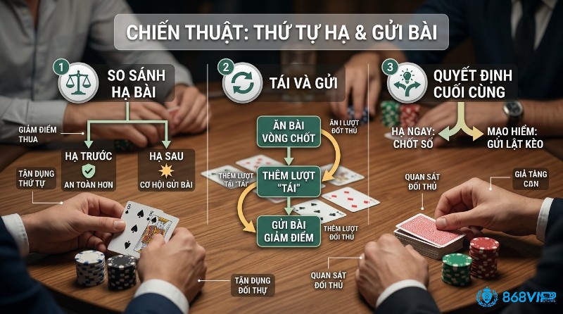 Người chơi cần cân nhắc giữa việc hạ sớm để an toàn hoặc chờ thêm lượt để gửi bài giảm điểm, tận dụng cơ hội “tái” nhưng cũng đối mặt rủi ro nếu quyết định hạ muộn để lật kèo