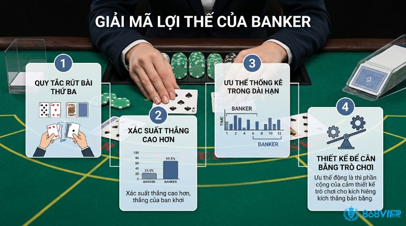 Vì sao banker có lợi thế? Giải mã lợi thế Banker Baccarat qua quy tắc rút bài thứ ba, xác suất thắng 69.5%, ưu thế thống kê dài hạn, thiết kế cân bằng trò chơi
