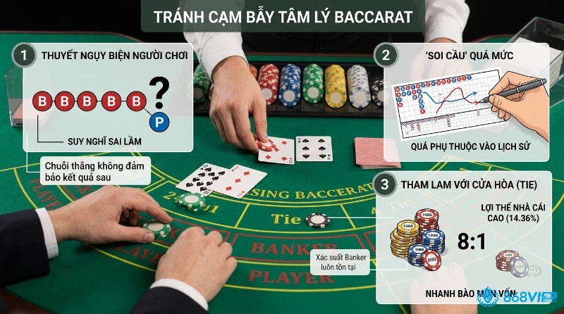 Chiến thuật tránh cạm bẫy, tâm lý Baccarat: Thuyết ngụy biện, soi cầu quá mức, tham lam cửa Hòa với lợi thế nhà cái 14.36% và tỷ lệ 8:1