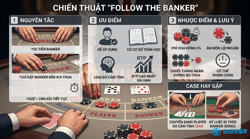 Chiến thuật Follow the Banker với nguyên tắc ưu tiên đặt cược Banker, ưu điểm dễ áp dụng, RTP cao, nhược điểm phí hoa hồng 5% và ví dụ về kỷ luật theo Banker